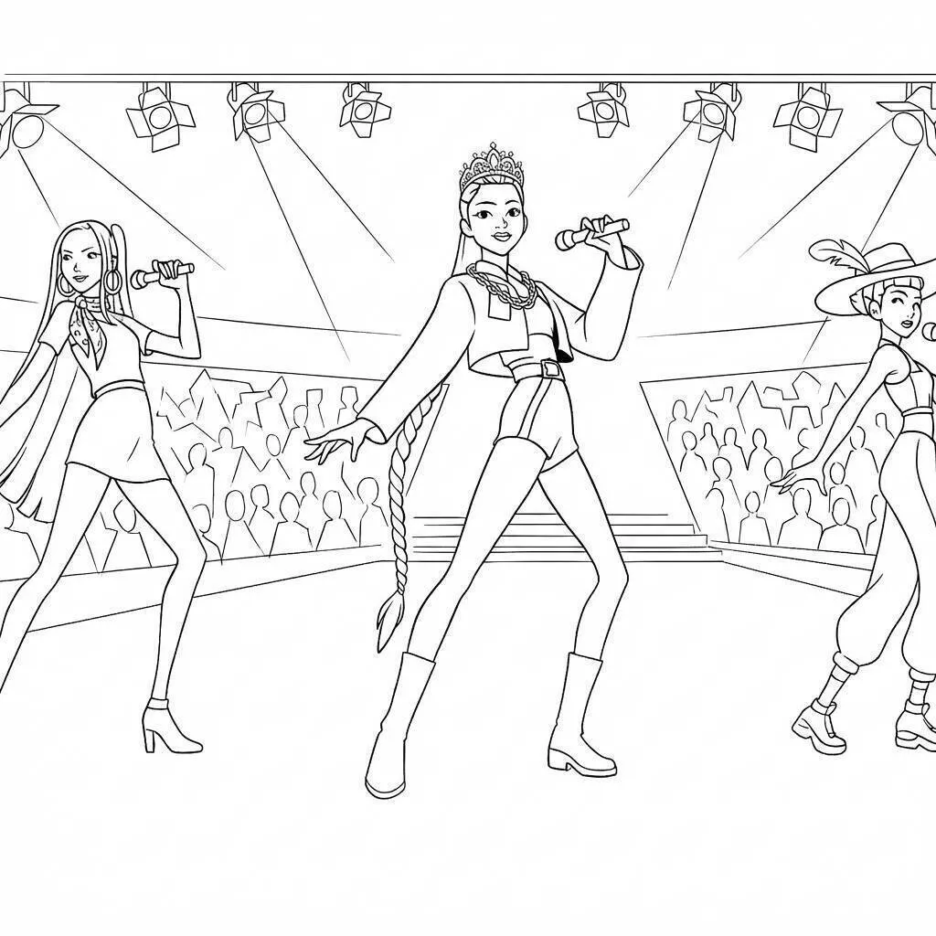 Desenho de Guerreiras do K Pop em Show com Fantasias Brilhantes para Colorir