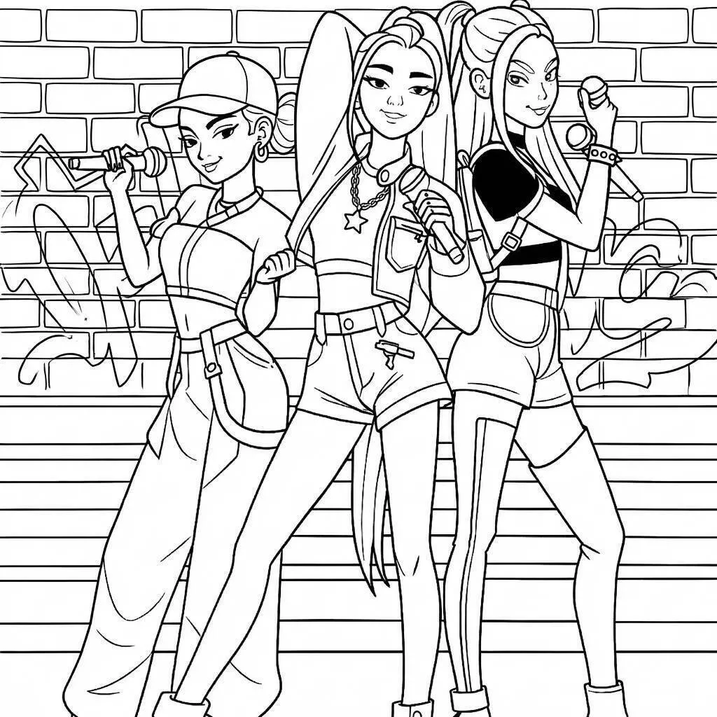 Desenho de Guerreiras do K Pop em Estilo Urbano para Colorir