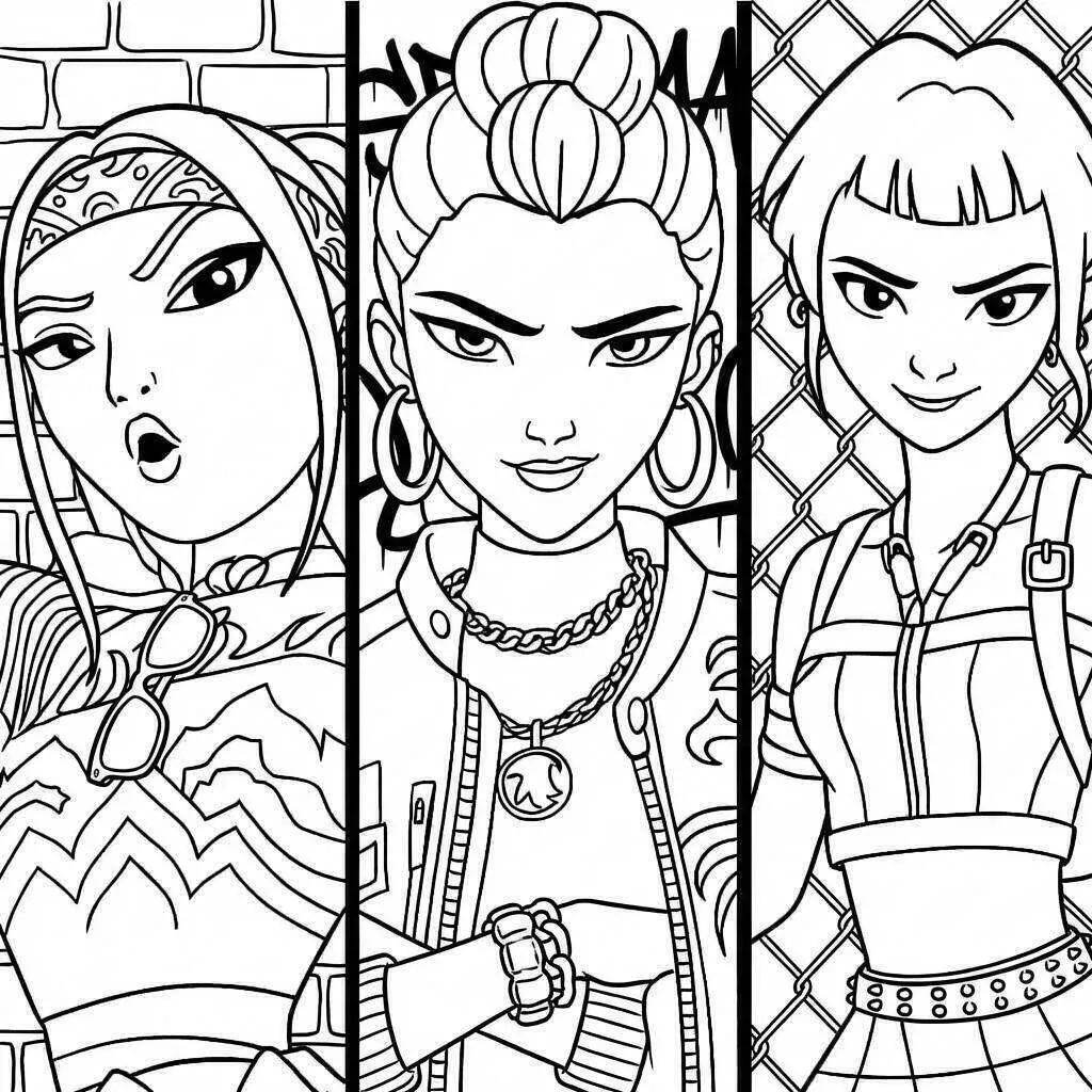 Desenho de Guerreiras do K Pop em Estilo Urbano para Colorir