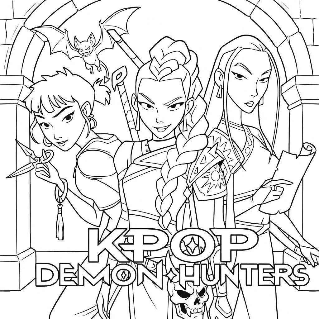 Desenho de Guerreiras do K Pop Caçando Demônios para Colorir