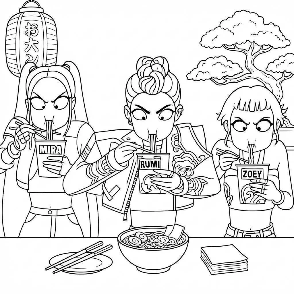 Desenho de Guerreiras do K Pop Rumi, Mira e Zoey Saboreando Comida para Colorir