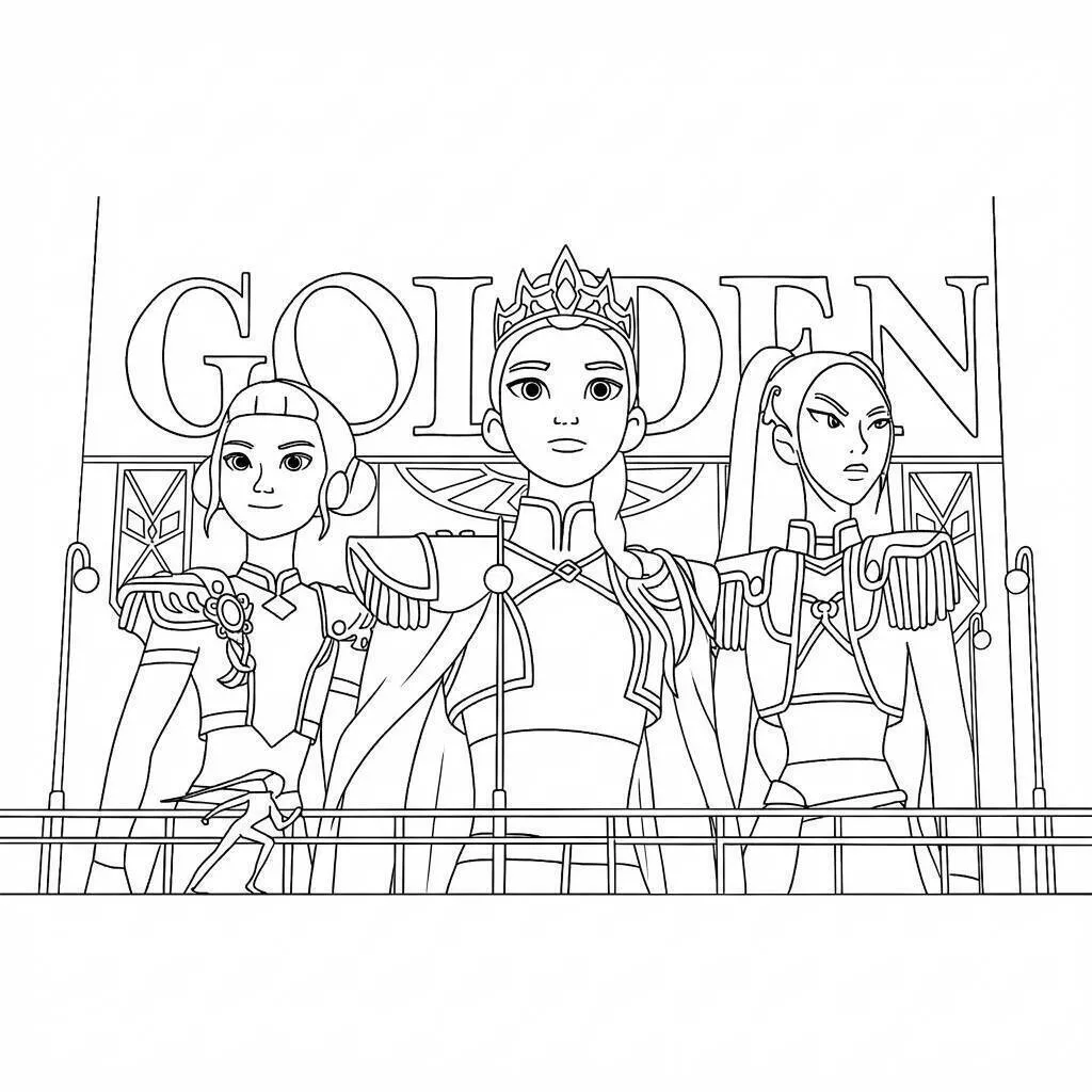 Desenho de Guerreiras do K Pop em Estilo Dourado para Colorir