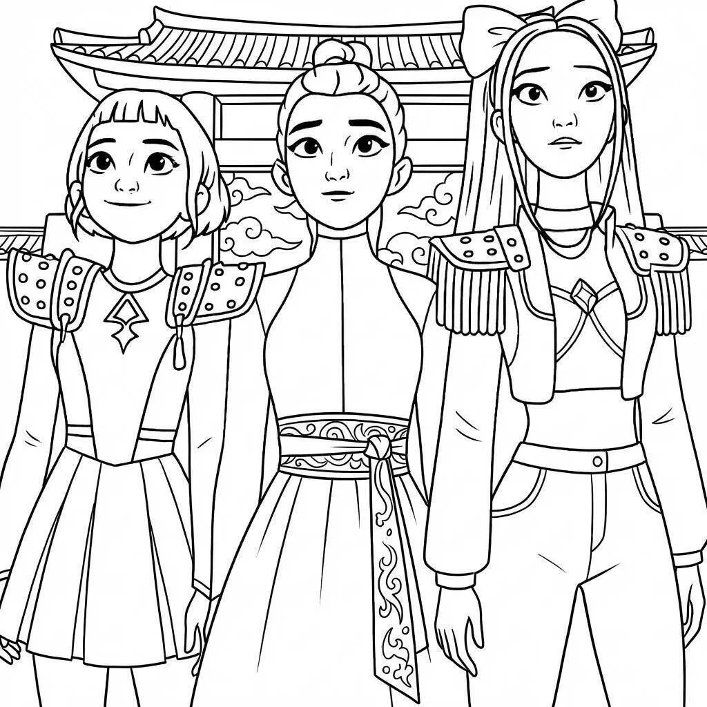 Desenho de Guerreiras do K Pop em Trajes Tradicionais para Colorir