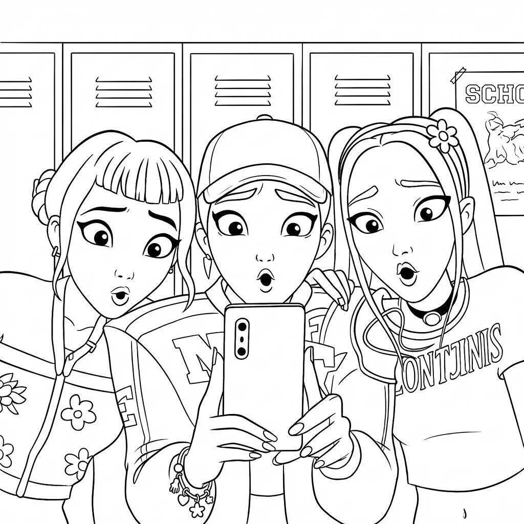 Desenho de Guerreiras do K Pop Tirando Selfie para Colorir