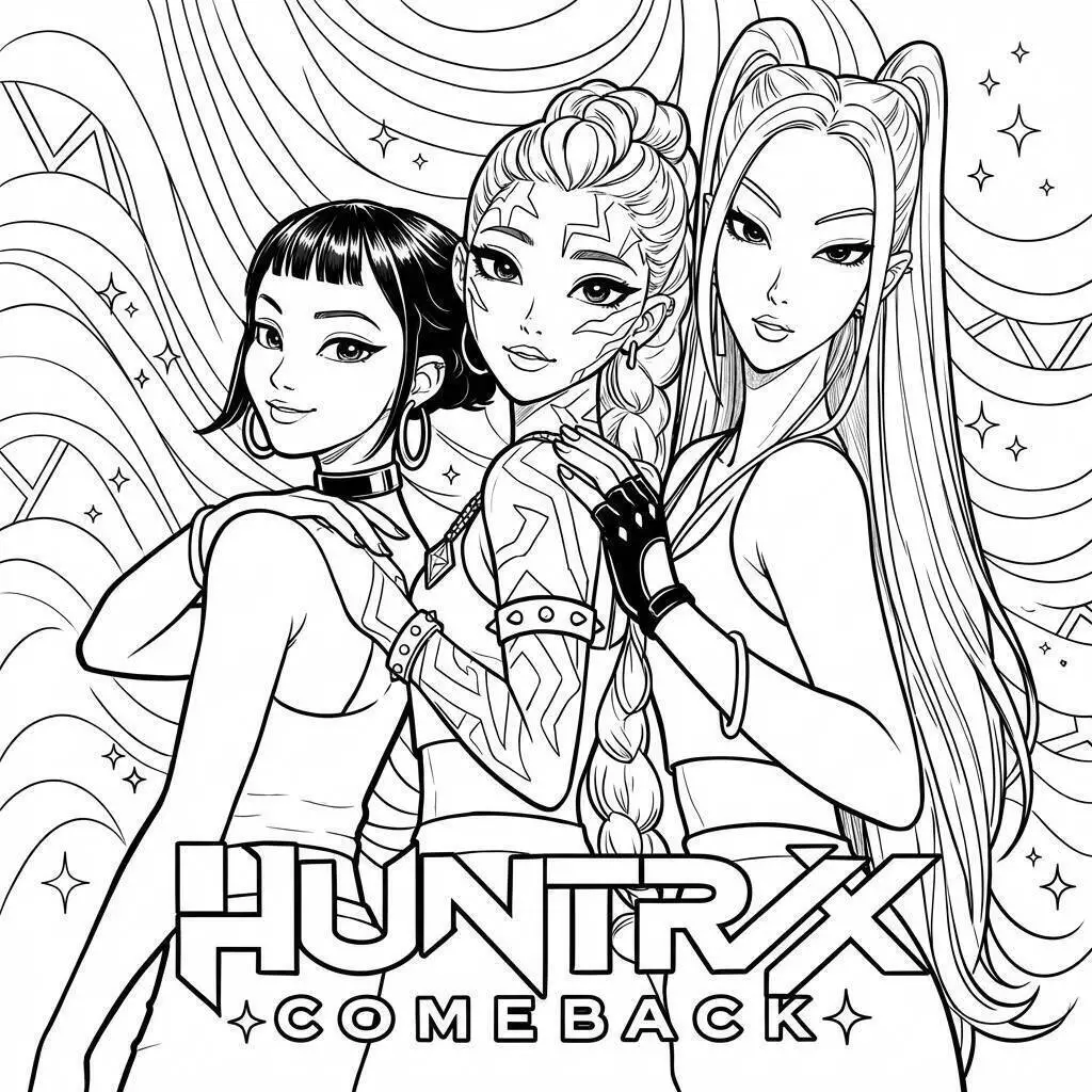 Desenho de Guerreiras do K Pop Huntrx em Pose de Amizade para Colorir