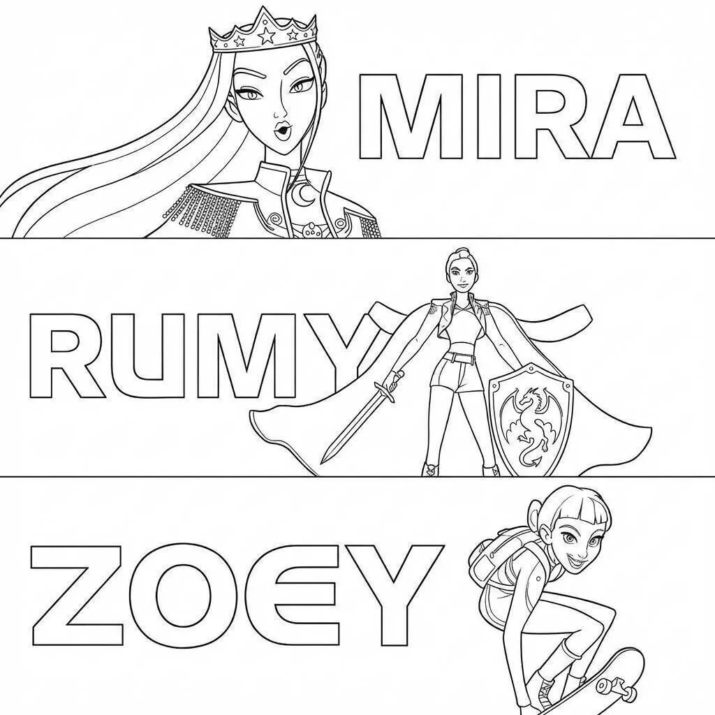 Desenho de Guerreiras do K Pop Mira, Rumi e Zoey para Colorir