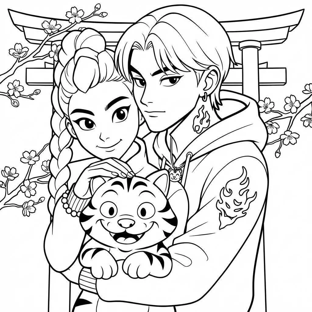 Desenho de Guerreiras do K Pop com Tigre para Colorir