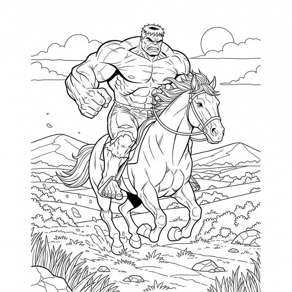Desenho de Hulk Montando um Cavalo para Colorir