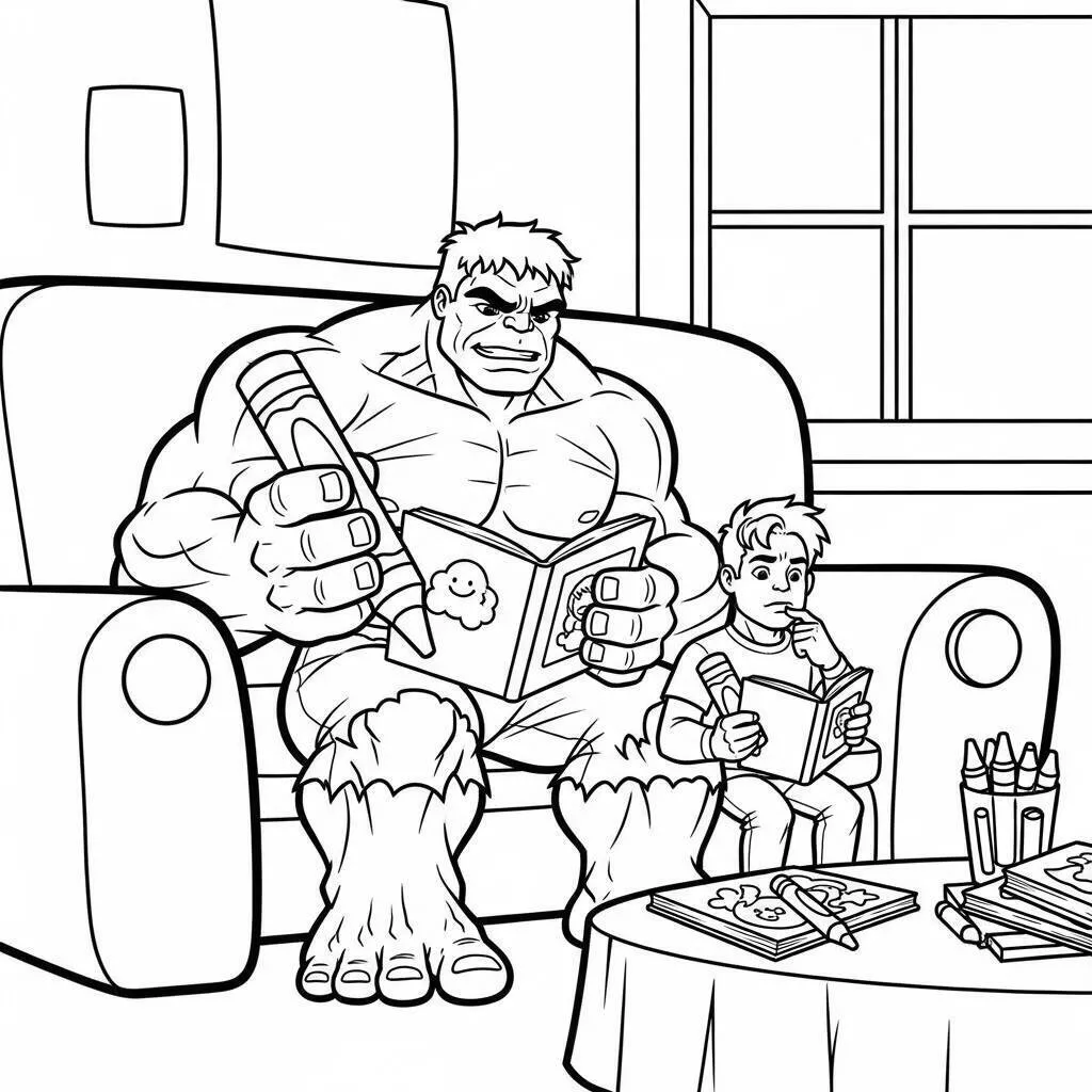 Desenho de Hulk Lendo um Livro com uma Criança para Colorir