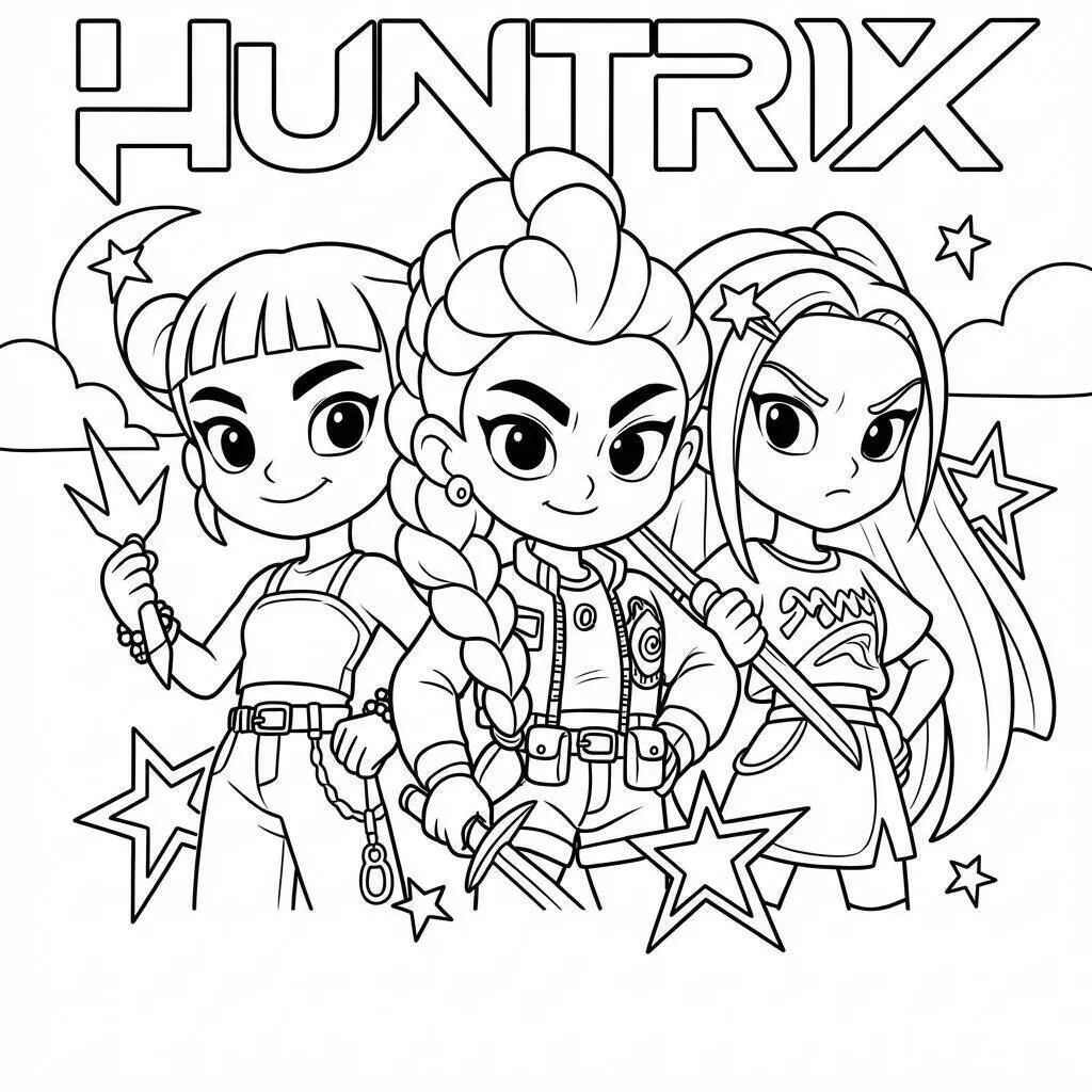 Desenho de Guerreiras do K Pop com Estrelas e Acessórios para Colorir