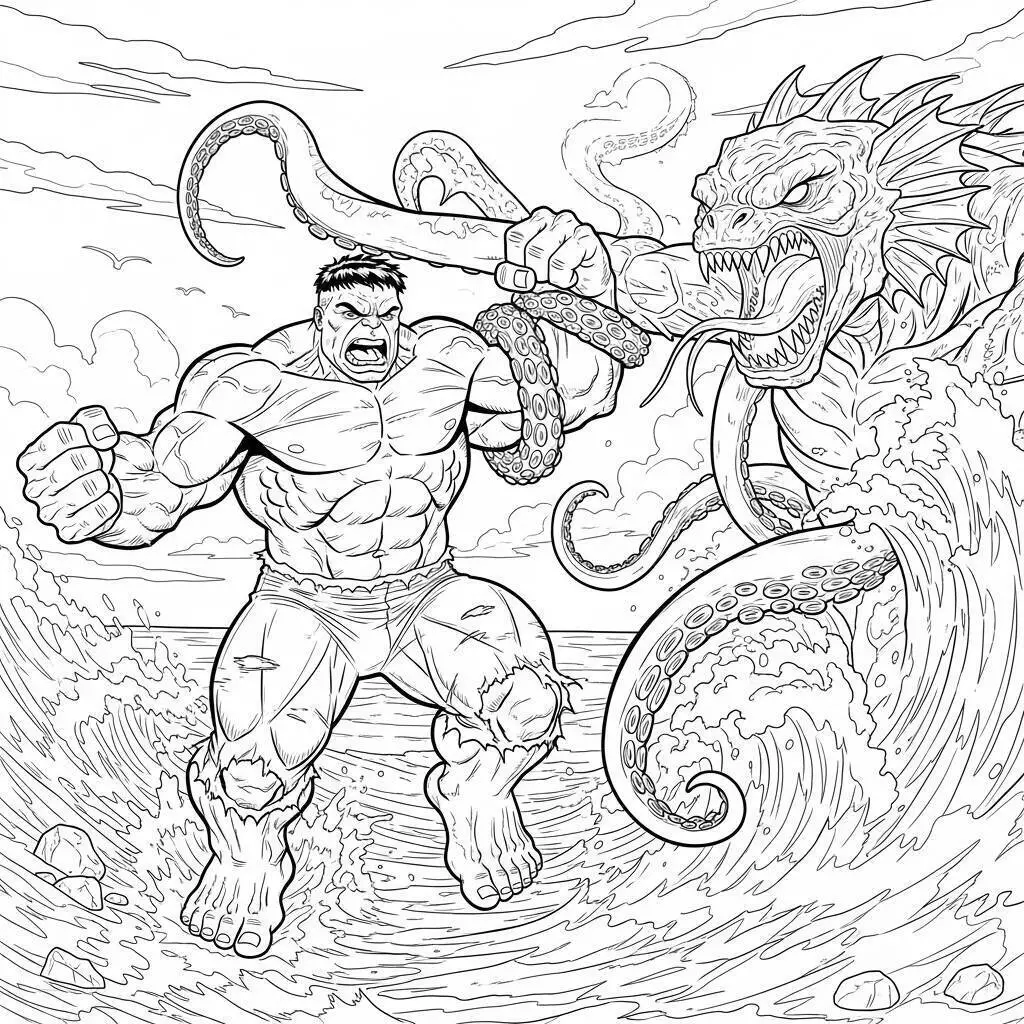 Desenho de Hulk a Lutar Contra uma Criatura Marinha para Colorir
