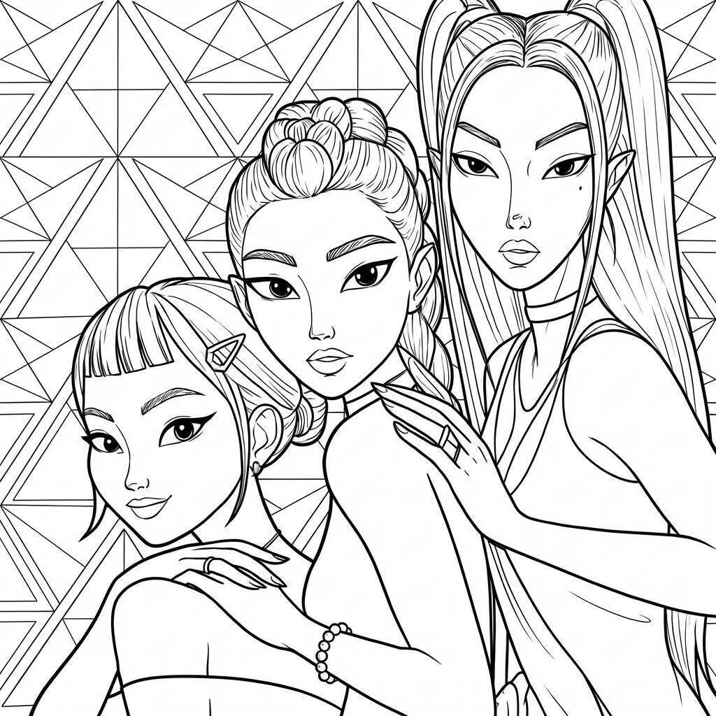 Desenho de Guerreiras do K Pop em Estilo Fashion para Colorir
