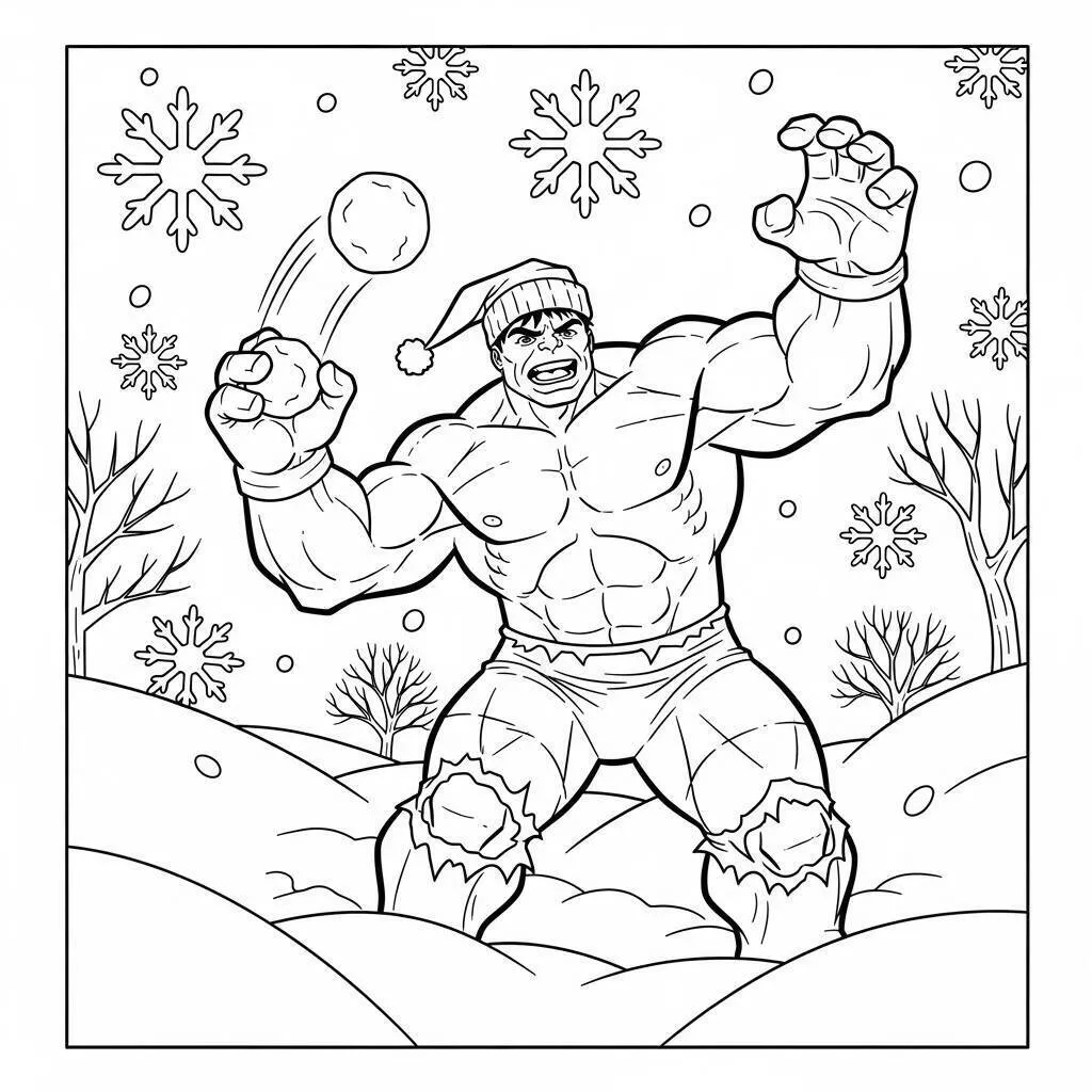 Desenho de Hulk a Jogar Bola de Neve no Inverno para Colorir