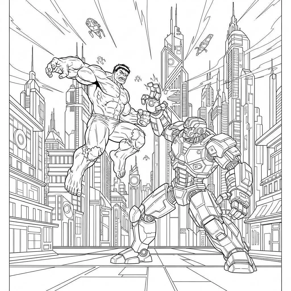 Desenho de Hulk a Lutar Contra o Robô na Cidade para Colorir