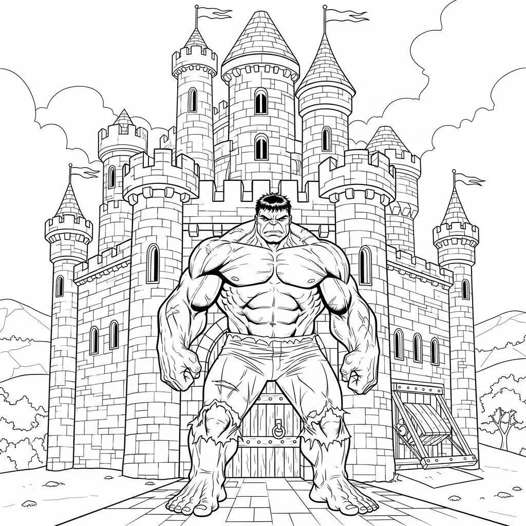 Desenho de Hulk em Frente a um Castelo para Colorir