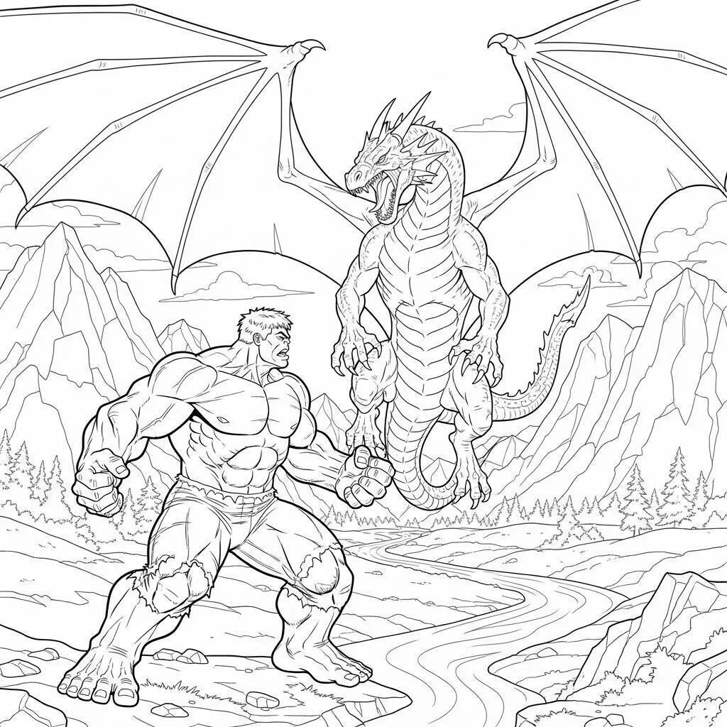 Desenho de Hulk Enfrentando um Dragão para Colorir