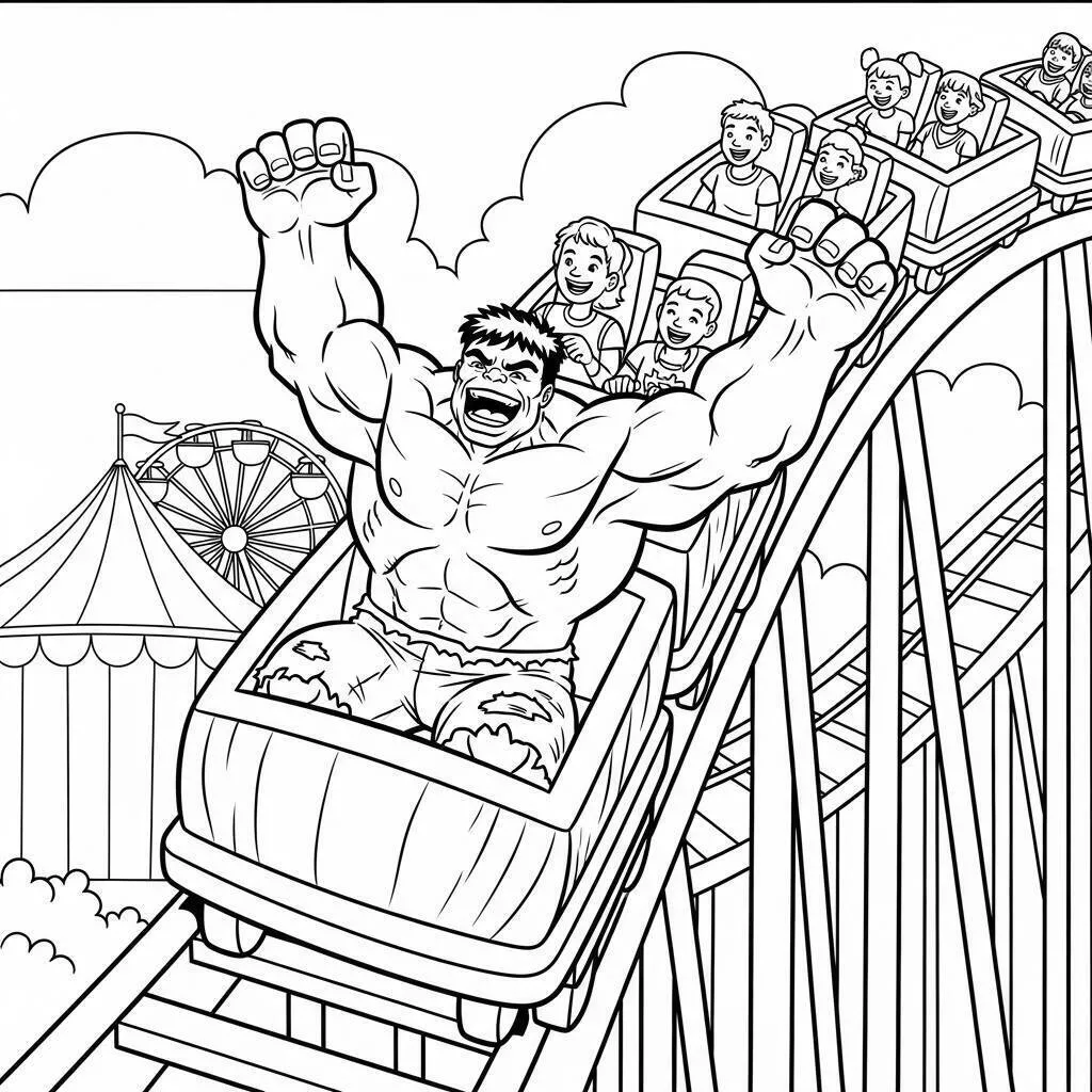 Desenho de Hulk em Montanha Russa se Divertindo para Colorir