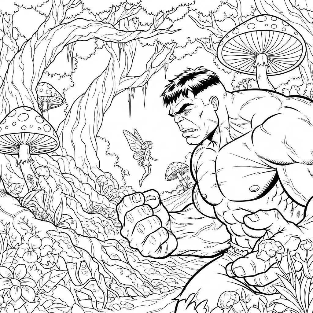 Desenho de Hulk na Floresta Encantada para Colorir