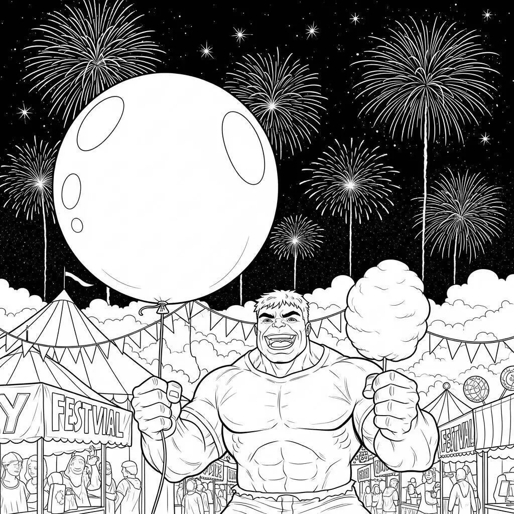 Desenho de Hulk Segurando um Balão Gigante no Festival para Colorir