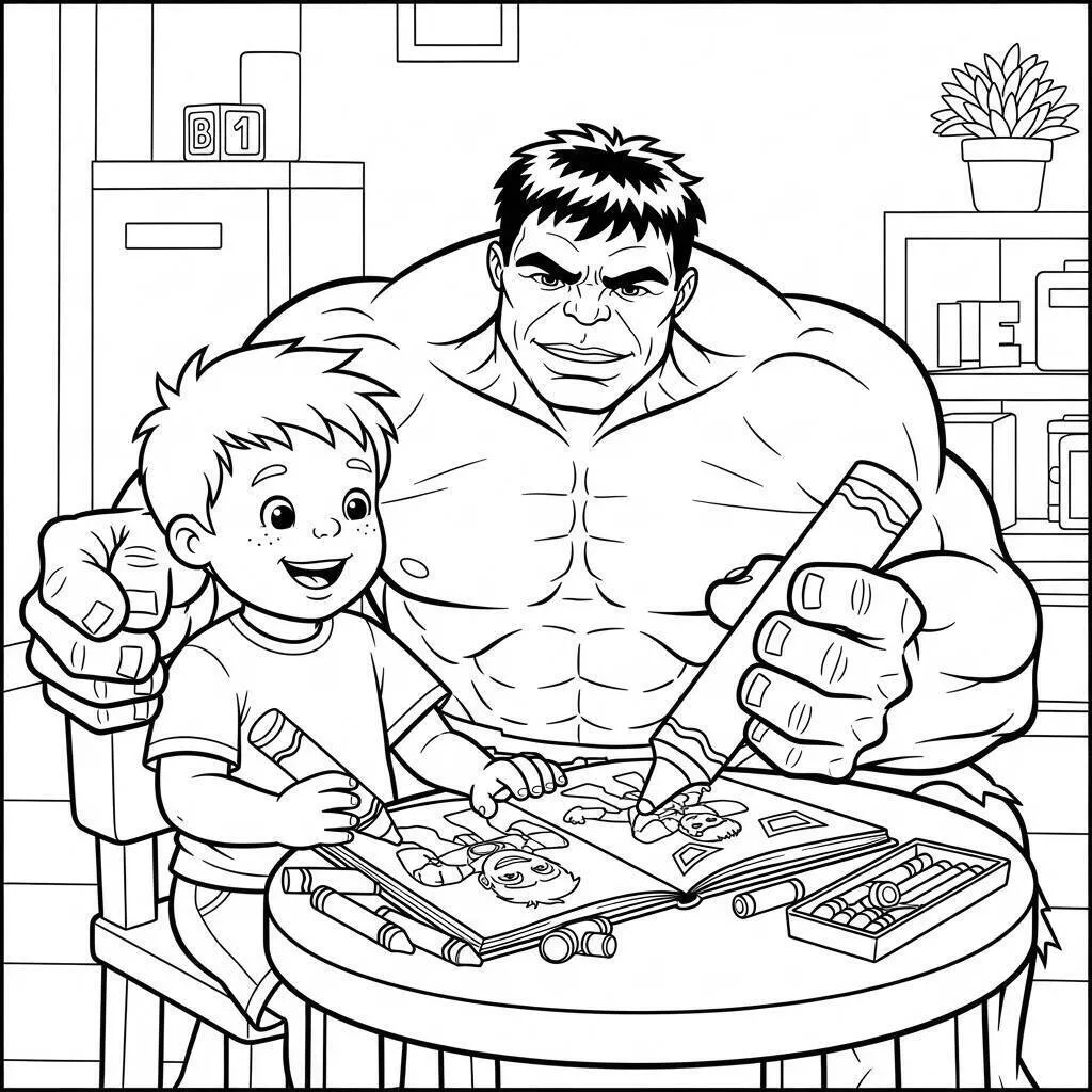 Desenho de Hulk e Criança Colorindo Juntos para Colorir