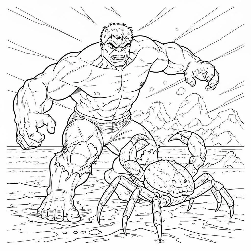 Desenho de Hulk a Enfrentar um Caranguejo Gigante para Colorir