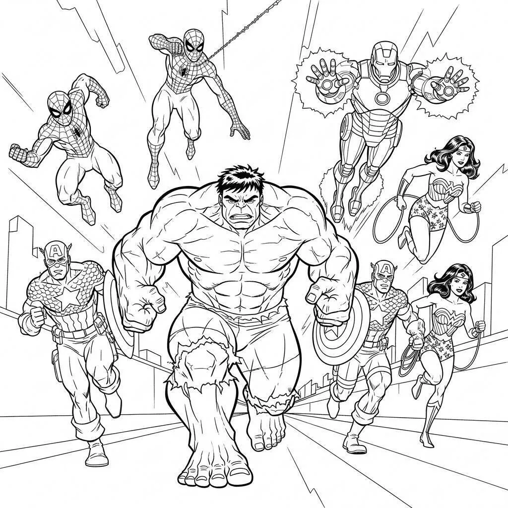 Desenho do Hulk Correndo com Super Heróis para Colorir