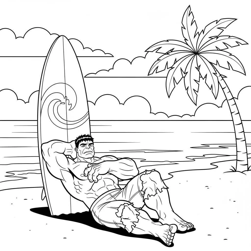 Desenho de Hulk Relaxando na Praia para Colorir
