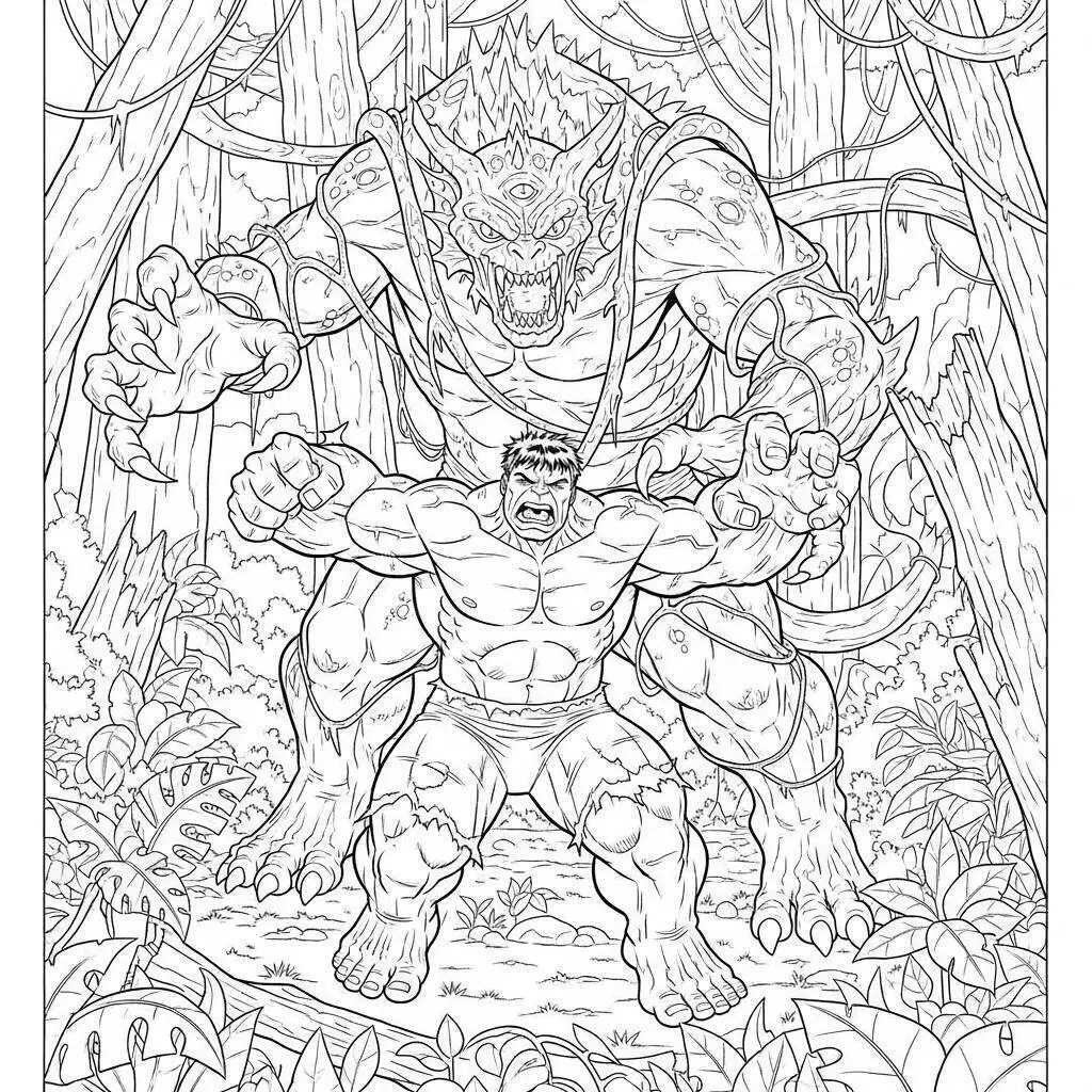 Desenho de Hulk Enfrentando um Monstro na Selva para Colorir