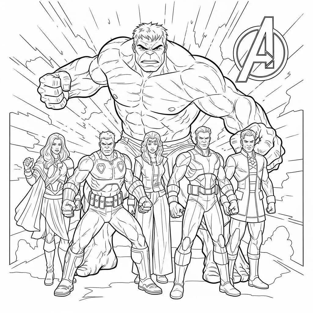 Desenho de Hulk com os Vingadores Pronto para a Batalha para Colorir
