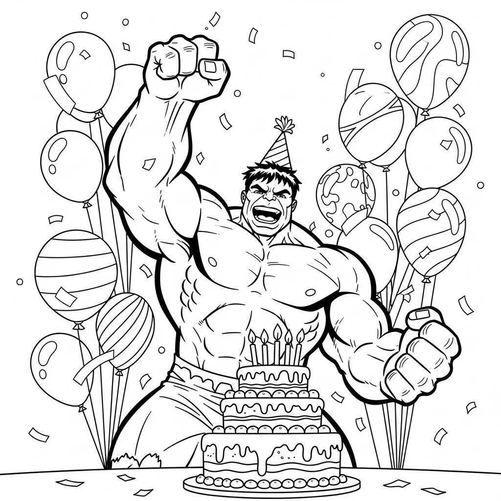 Desenho de Hulk Celebrando Aniversário com Bolo para Colorir