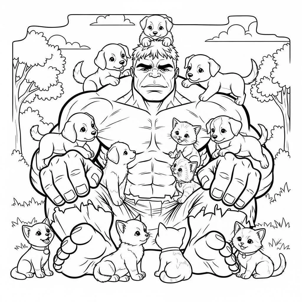 Desenho de Hulk Cercado por Filhotes para Colorir