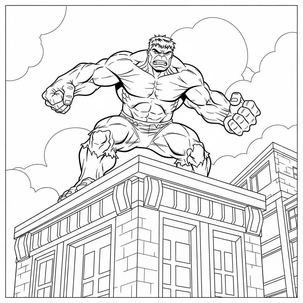 Desenho de Hulk em Cima de um Prédio para Colorir