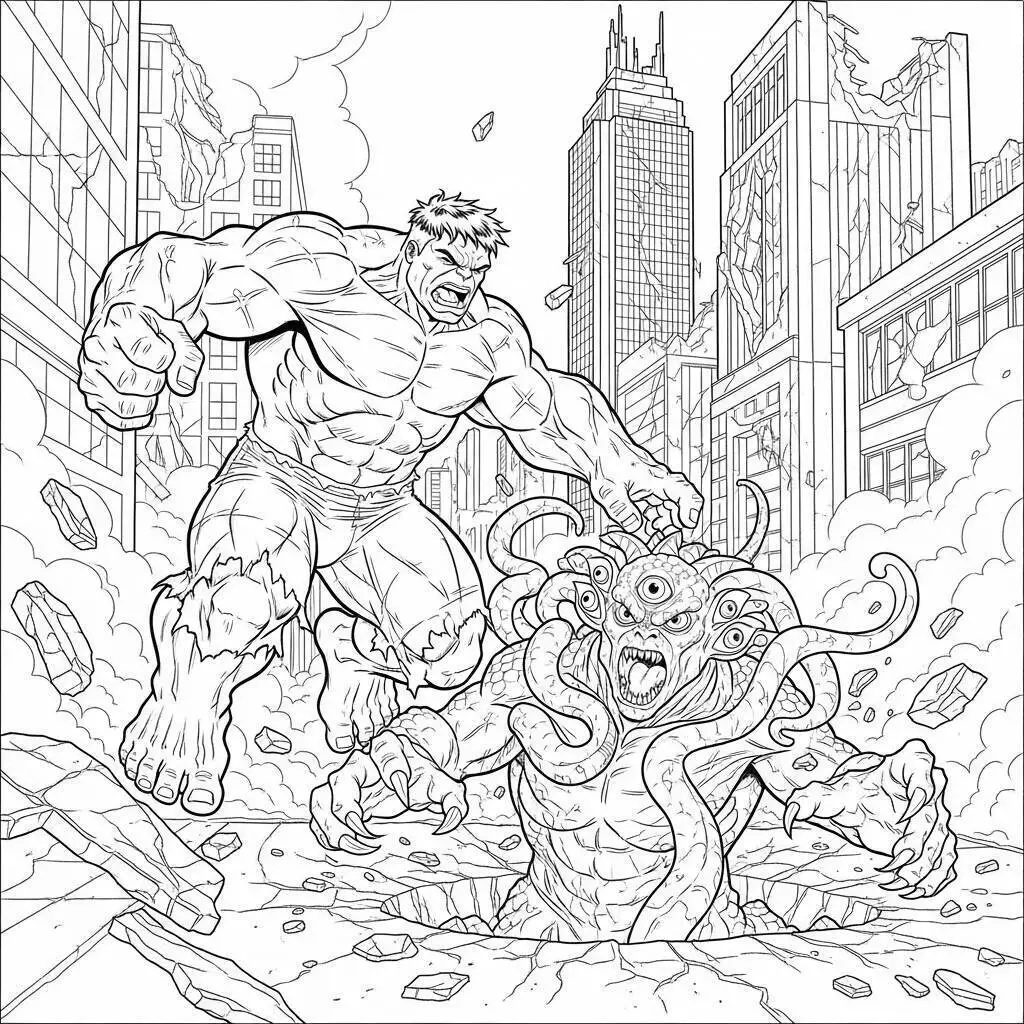 Desenho de Hulk a Lutar Contra um Monstro na Cidade para Colorir