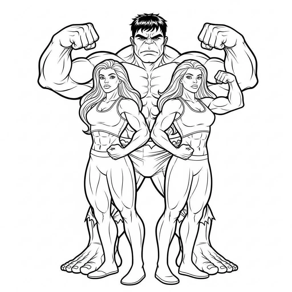 Desenho de Hulk e Super Heroínas Fortes para Colorir