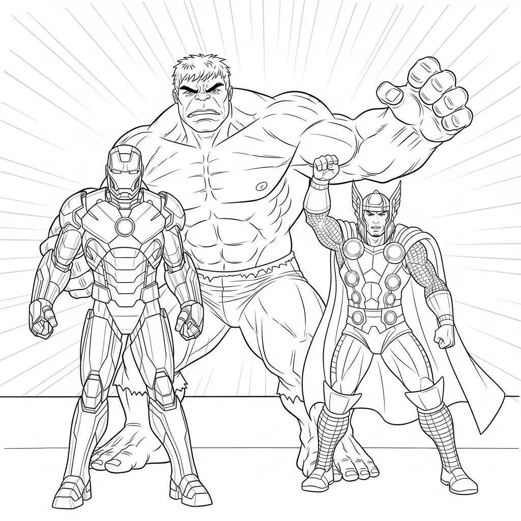 Desenho de Hulk ao Lado do Homem de Ferro e Thor para Colorir