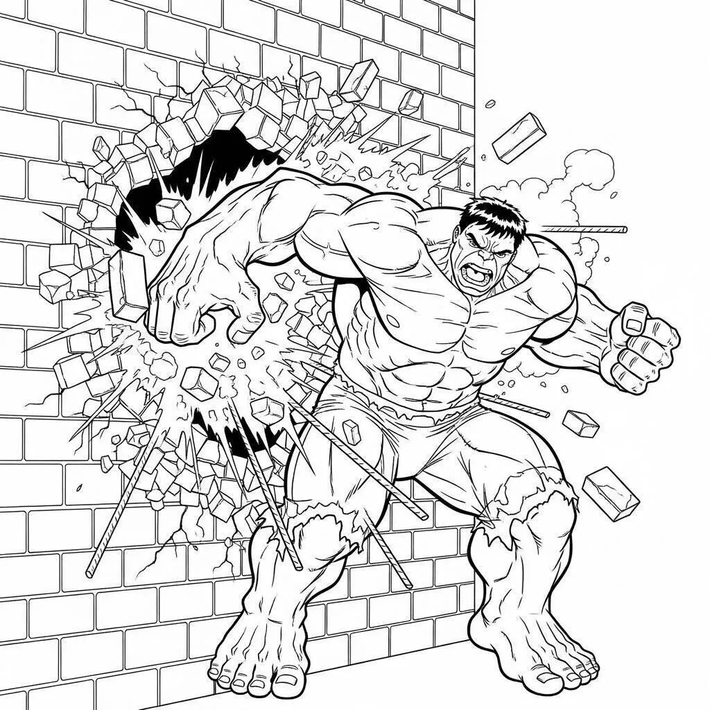 Desenho de Hulk a Quebrar uma Parede para Colorir