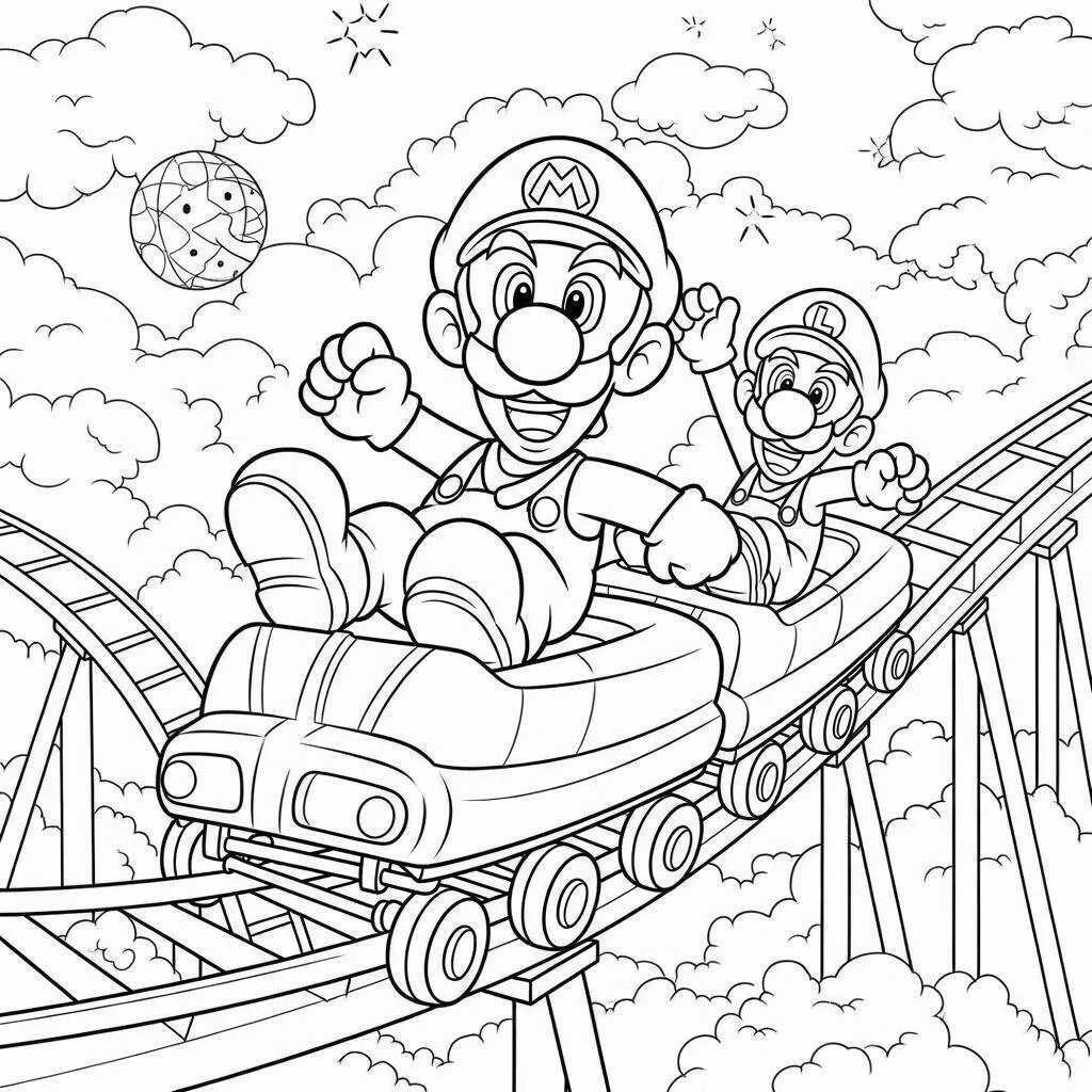 Desenho do Mario e Luigi se Divertindo na Montanha Russa para Colorir