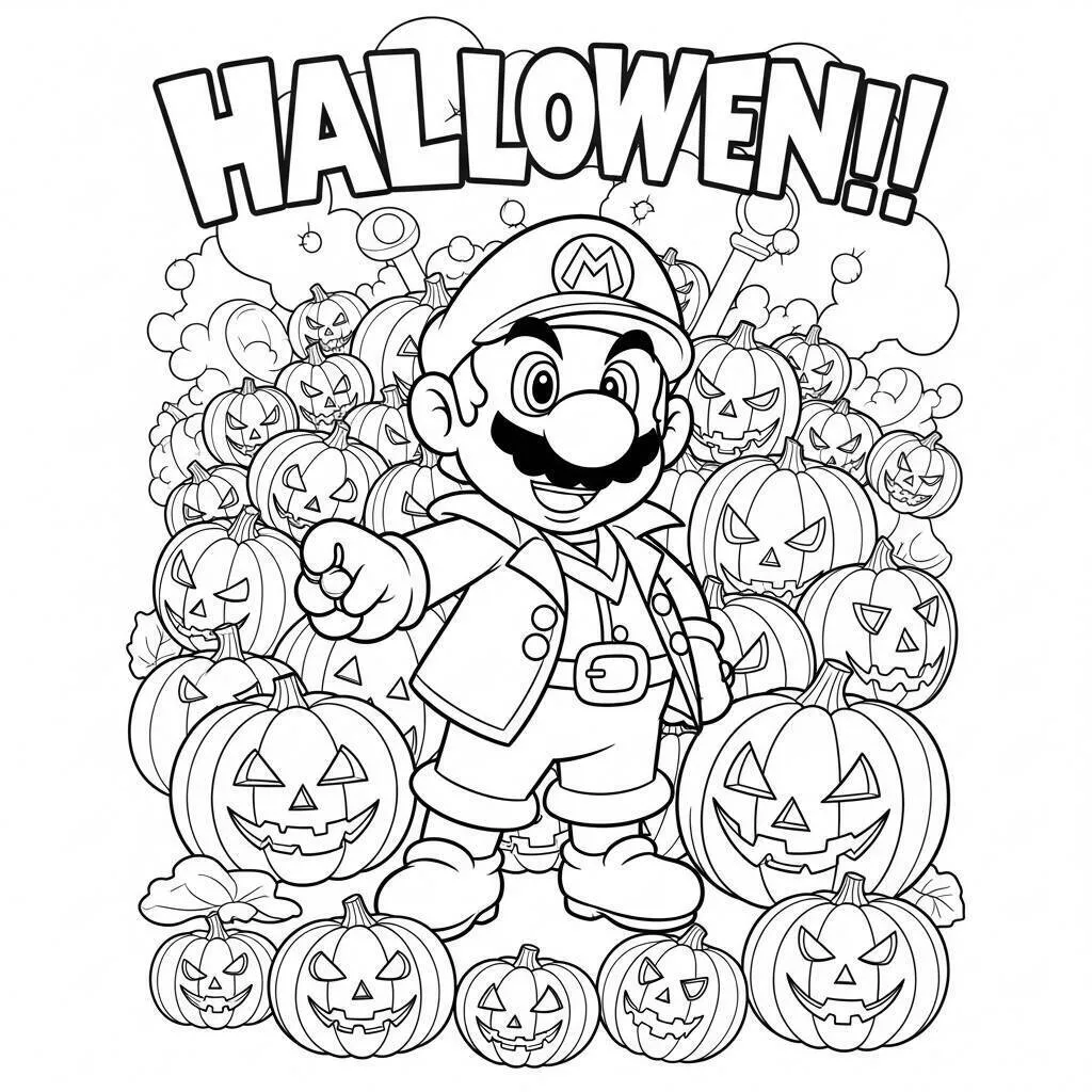 Desenho do Mario Fantasiado para o Halloween com Abóboras para Colorir