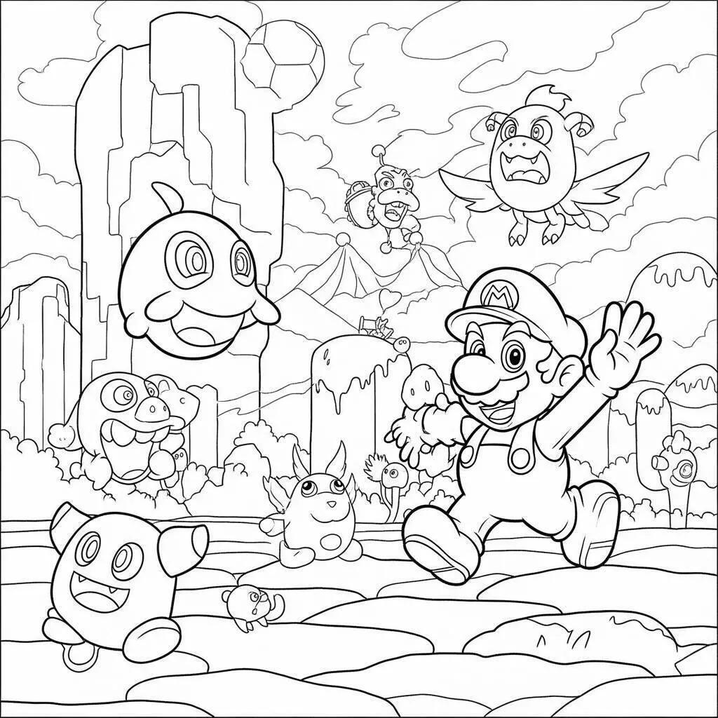 Desenho do Mario Correndo com os Inimigos para Colorir