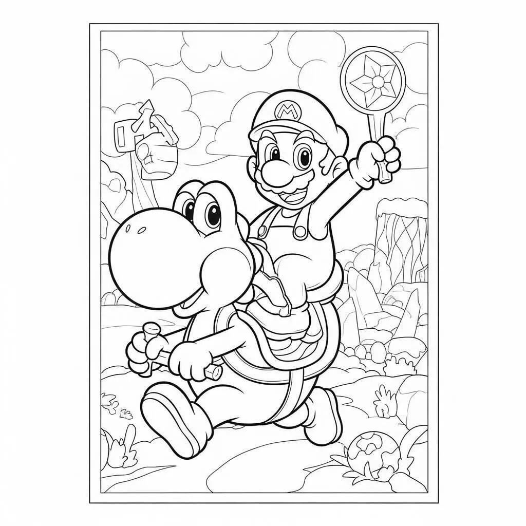 Desenho do Mario Montado no Yoshi para Colorir