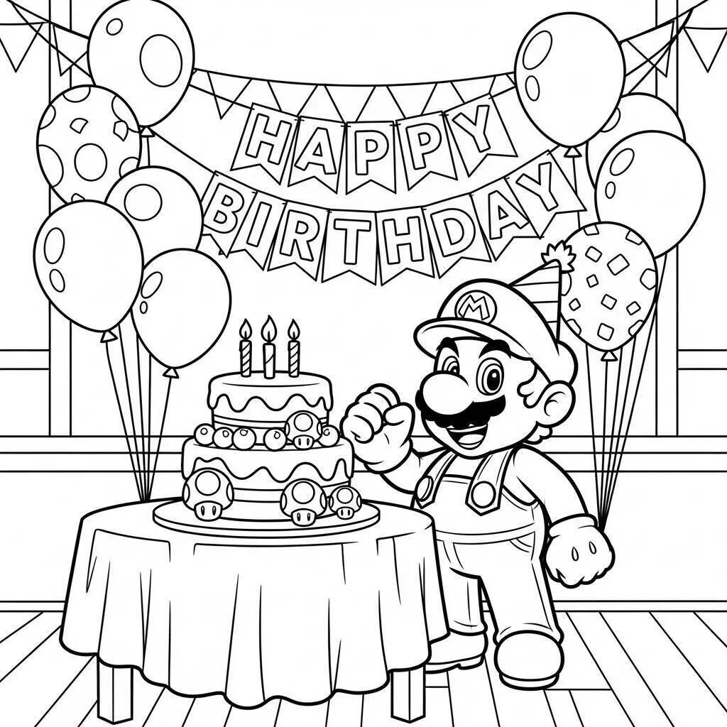 Desenho do Mario Celebrando Aniversário com Bolo para Colorir