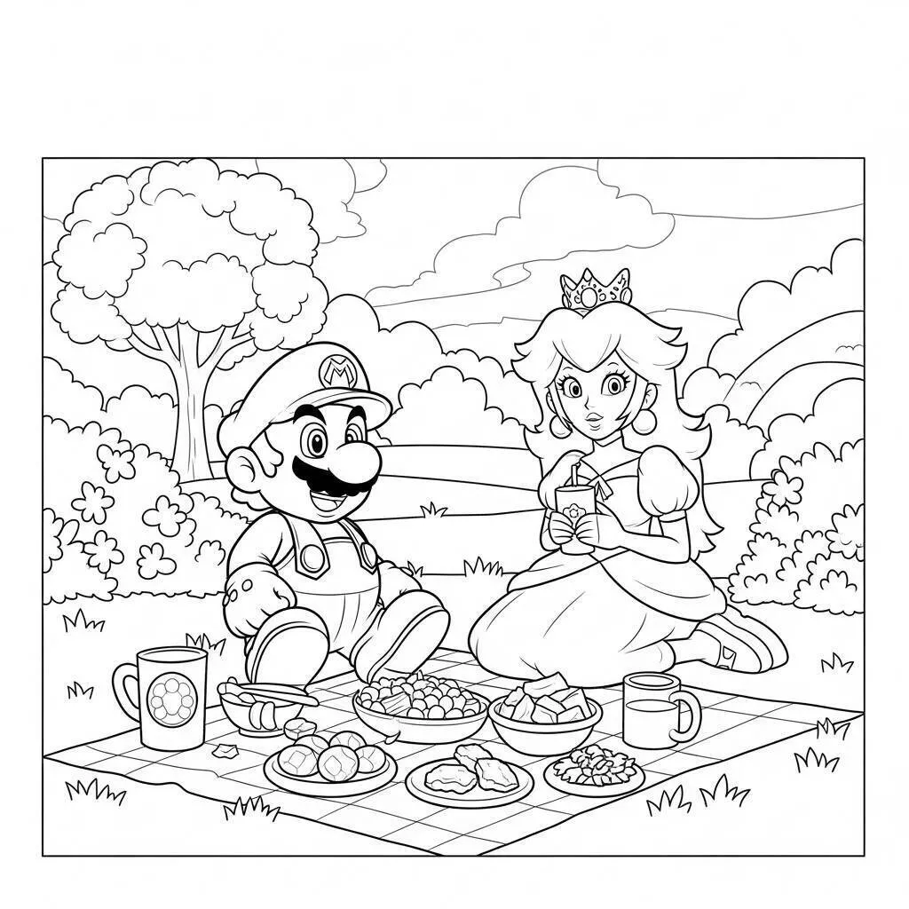 Desenho do Mario e da Princesa Peach em um Piquenique para Colorir
