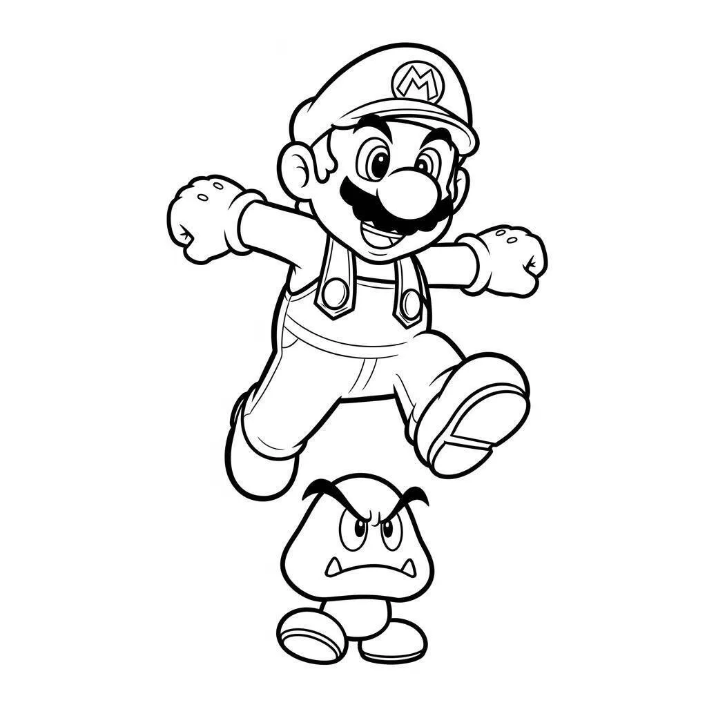 Desenho do Mario Pulando sobre um Goomba para Colorir