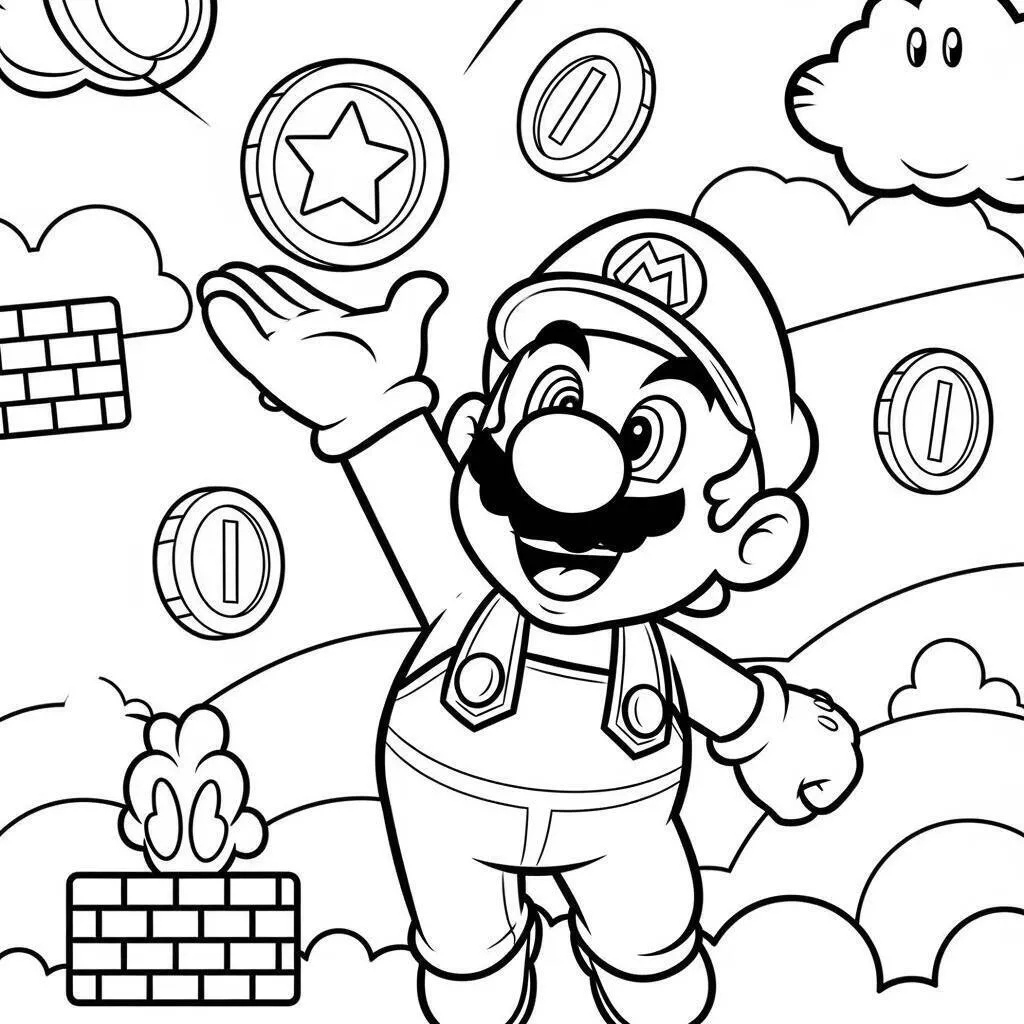 Desenho do Mario Coletando Moedas para Colorir