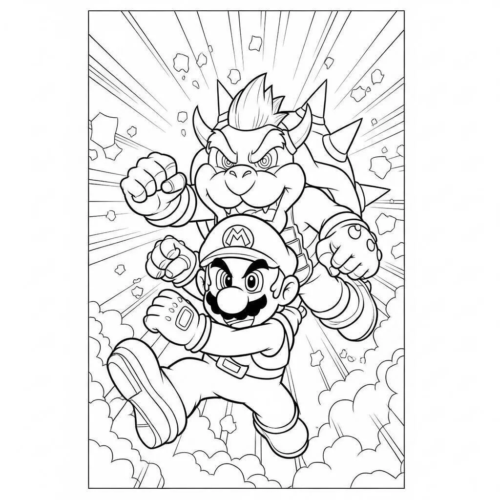 Desenho do Mario Lutando Contra o Bowser para Colorir