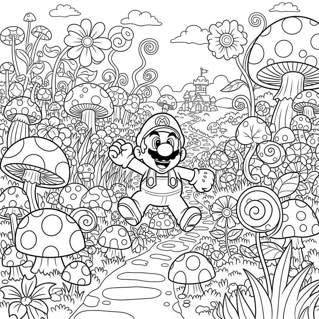 Desenho do Mario em um Jardim de Cogumelos para Colorir