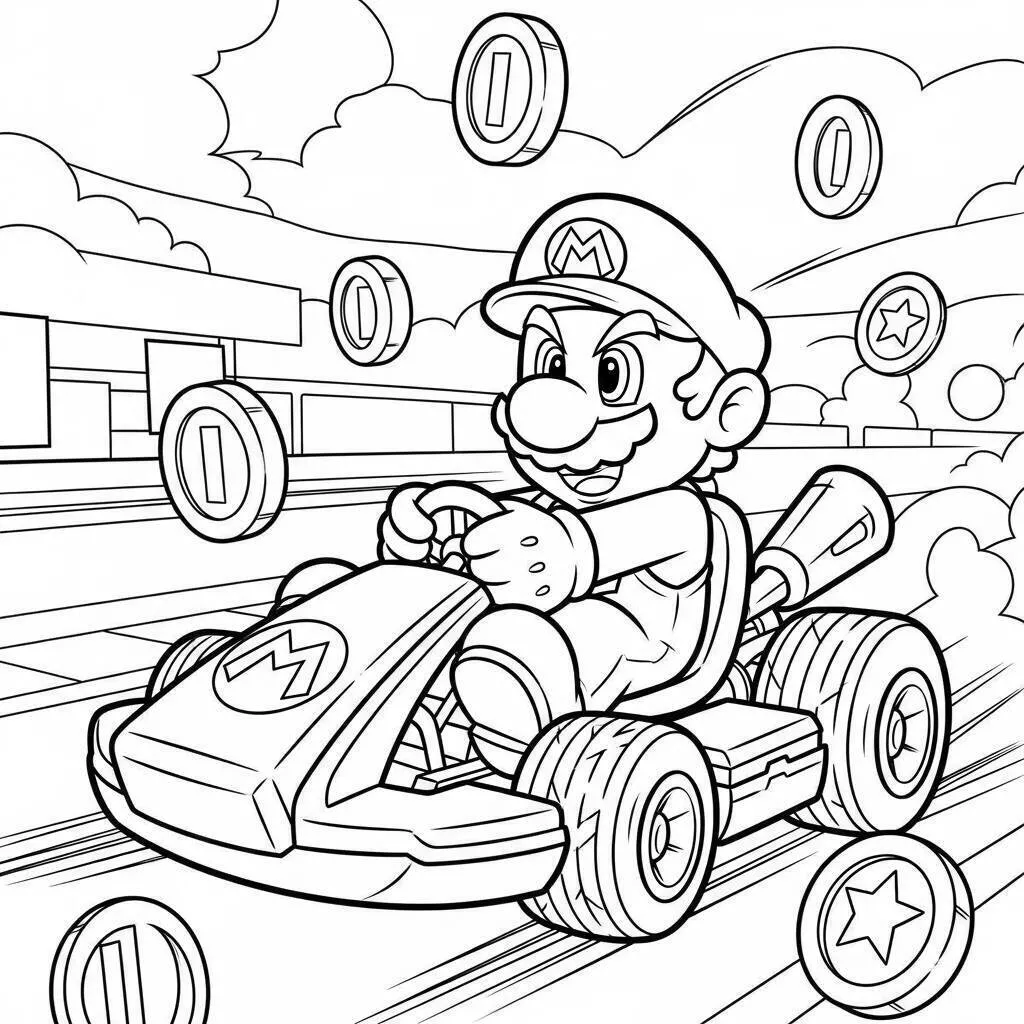 Desenho do Mario Correndo no Mario Kart para Colorir