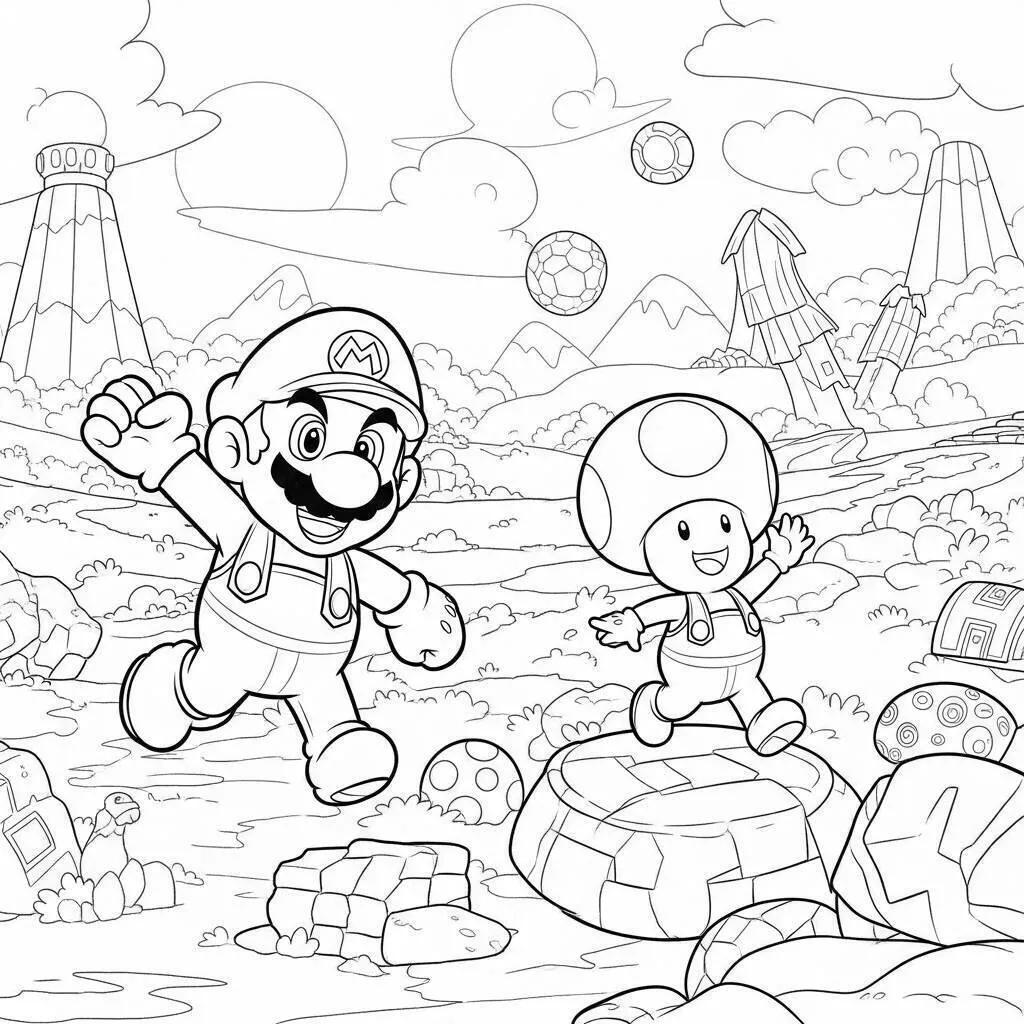 Desenho do Mario e Toad em uma Aventura para Colorir