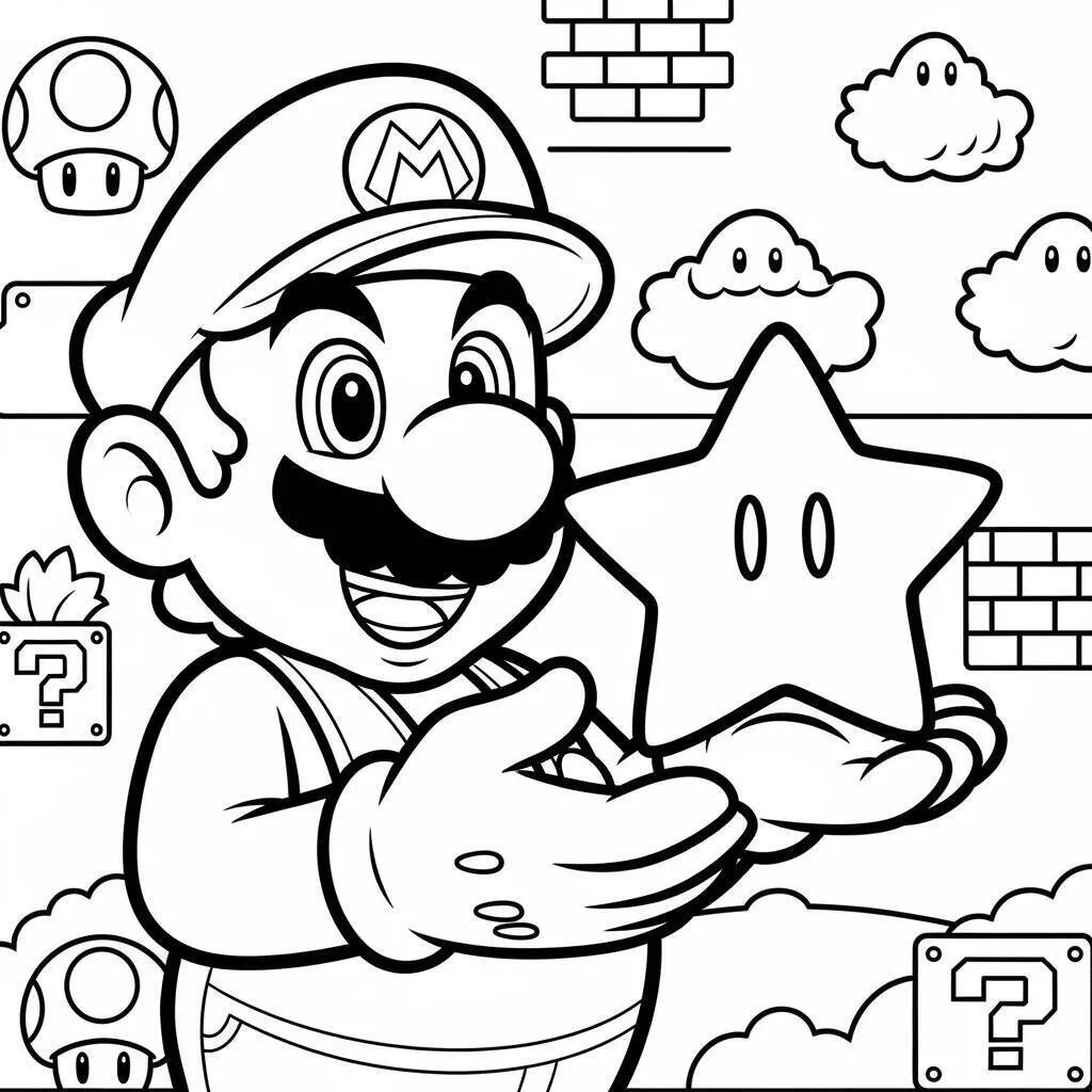 Desenho do Mario Segurando uma Estrela para Colorir