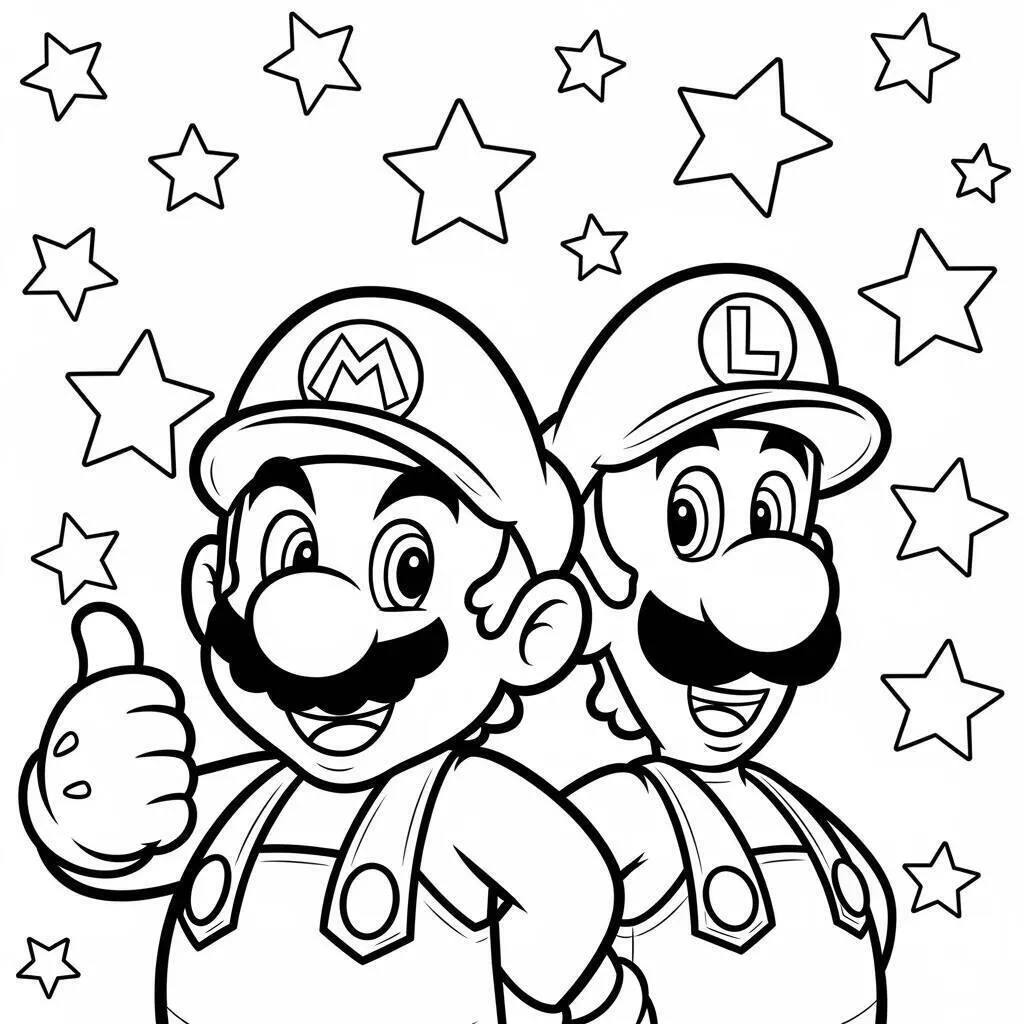 Desenho do Mario e Luigi com Estrelas para Colorir